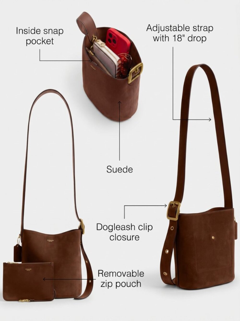 COACH Bleecker Bucket Bag 21 Warm Brown Suede Leather Crossbody Shoulder Purse - Picture 2 of 4